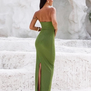 Olive green backless bodycon maxi dress with back slit in textured knit fabric