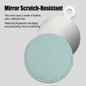 Portable stainless steel makeup mirror with light blue lychee pattern leather cover