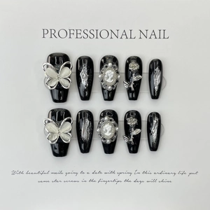 Handmade Press On Nails 3D Silver Butterfly Rose Cameo Baroque Gothic Style Gradient Floral Artificial Finger Nails Women