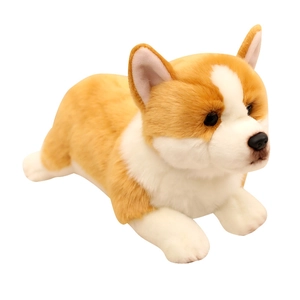 Cute Corgi plush toy puppy doll in a lying position with soft yellow and white fur