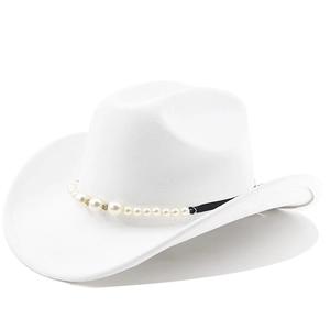 Detail of white suede cowboy hat with black band featuring faux pearls and rhinestones
