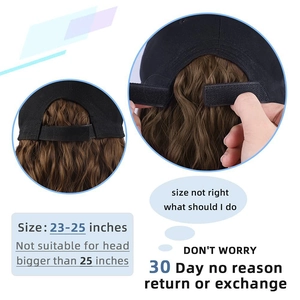 Adjustable black baseball cap with long wavy brown hair wig for women, 23-25 inch size