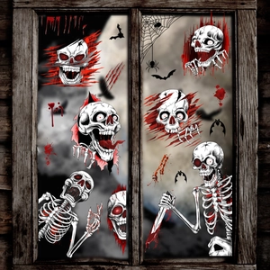 Close-up of bloody handprint and skeleton window stickers for Halloween decor
