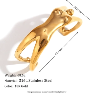 Artistic female body contour open cuff bracelet in 18K gold plated stainless steel