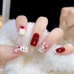 Cute Rabbit Heart Pattern Press On Nails Red White Sweet Style Glossy Square Round Artificial False Nails For Women