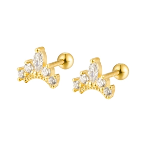 Elegant gold S925 sterling silver crown stud earrings with sparkling cubic zirconia stones