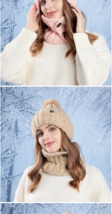 Detailed texture of winter knit hat with pom-pom and buttoned neck warmer scarf set