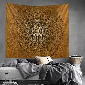 Golden mandala tapestry wall hanging for bedroom decor with intricate floral patterns