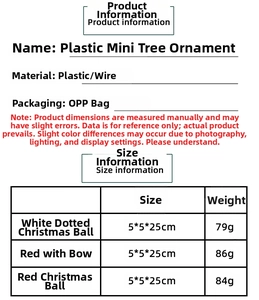 Size chart showing dimensions and weight for mini pine trees with red berries and bows
