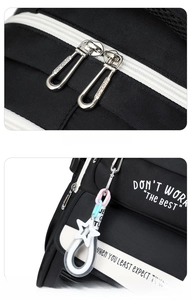 Detail of durable black fabric with white zipper and metallic star pendant on backpack