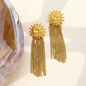 18K gold plated stainless steel sun face earrings with long chain fringe tassels