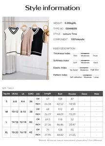 Detailed size chart for women's V-neck sleeveless sweater vest with exact measurements