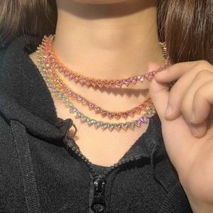 Elegant 18k white gold heart tennis necklace featuring pink and opal zircons for women