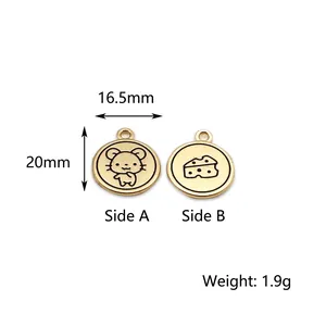 Golden alloy Chinese zodiac mouse charm, double-sided design for DIY jewelry making