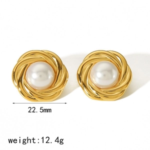Retro 18k gold plated stainless steel pearl earrings with spiral design and 22.5mm size