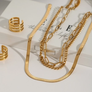 Three-layer 18K gold-plated stainless steel necklace with snake, ring, and paperclip chains