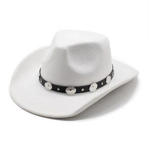 Classic white wool felt fedora cowboy hat with black metal-studded leather belt strap