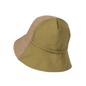 Cappello da sole in lino patchwork verde oliva e paglia beige a tesa larga donna