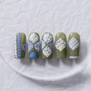 5D embossed olive green nail art stickers with intricate 3D floral and dot textures