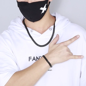 Hip hop style black stainless steel curb chain necklace and bracelet set for men