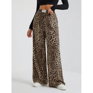 Women's leopard print wide-leg trousers with high waist and brown leopard pattern