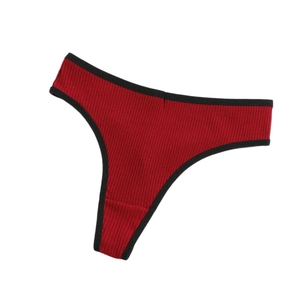Red ribbed knit thong for women with black trim on a clean white background