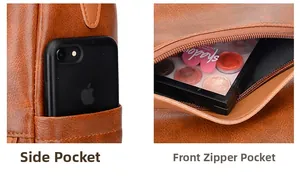 Detail showing the functional side pocket and front zipper pocket of a leather backpack