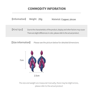 Detailed size chart showing pink and blue zircon drop earrings measuring 7cm by 2.5cm