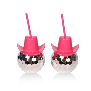 Silver disco ball drinking cups with pink cowboy hat lids and straws for party supplies