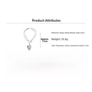 Detail view of butterfly pendant necklace with wood beads and size specifications