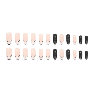 French tip long oval press-on nails with black glitter and minimalist line patterns