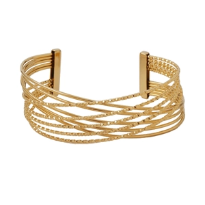 Detailed view of wide 18k gold layered open bangle showing crisscross metal lines