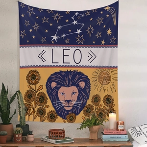 Artistic Leo zodiac tapestry detail featuring sun and sunflower bohemian room decor