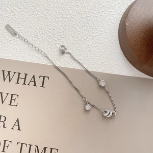 Minimalist S925 sterling silver chain bracelet with three rings and zircon stones