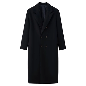 Detail shot of black long wool double-breasted coat with professional business buttons