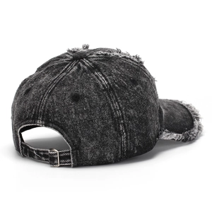Vintage frayed washed denim baseball cap in dark grey with adjustable metal buckle strap