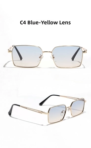 Detail of square gold metal sunglasses with C4 blue-yellow gradient lenses in two views