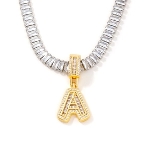 Elegant gold letter A pendant necklace with sparkling crystals on a silver chain link