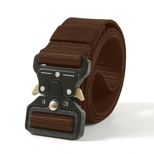 Tactical brown nylon belt with heavy duty black metal quick release cobra buckle