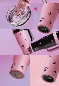 Detail of 40oz tumbler with premium straw lid, 5D floral print, and non-slip bottom base