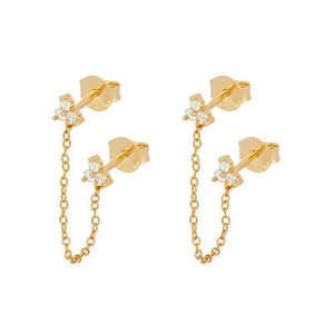 Elegant gold tassel chain earrings with white zircon clusters in a U-shaped drop design