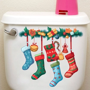Christmas wreath wall sticker with hanging stockings and gift bags on a white background