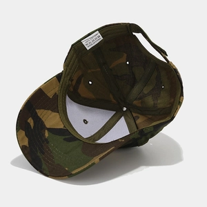 Inside view of jungle camo baseball cap showing 100% cotton lining and adjustable strap