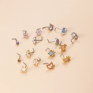 Piercings de nez en forme de L en acier avec zircons colorés en cœur et fleur