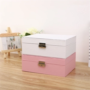 Double-layer PU leather jewelry box with metal lock in pink and white colors