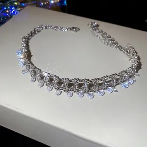 Luxury sparkling zircon tassel choker necklace with silver woven layers and round rhinestones