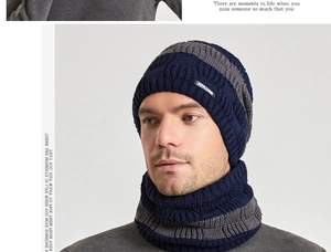 Detail of navy and gray striped knit beanie and neck warmer set with brand label