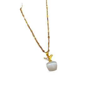 Titanium steel apple pendant necklace with cat eye stone and cubic zirconia leaf