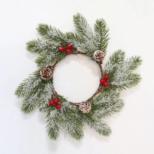 Christmas Candle Ring Wreath Pine Needle Red Berry Natural Pine Cone Flocked Snow Winter Holiday Decor