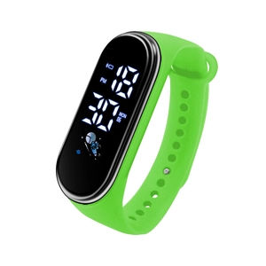 Kids digital LED sport watch with green silicone strap and waterproof touch screen display